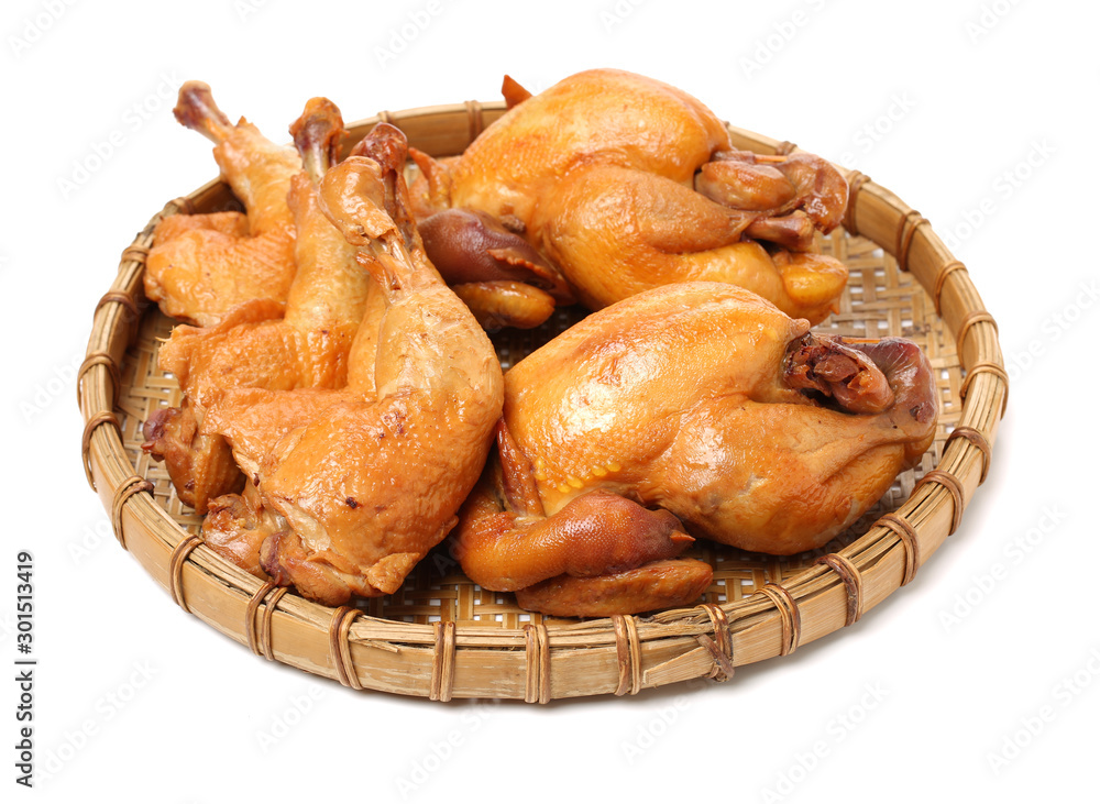 Poster roast chicken on white background