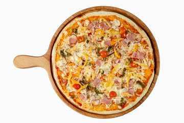 Appetizing vegetarian pizza on a wooden board. Traditional italian food. Top view. Isolated over white background.