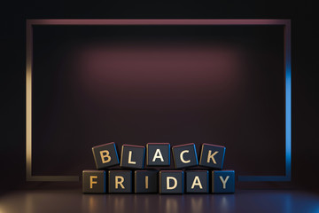 Black friday dice with thanksgiving and christmas concept on dark neon light frame background. Discount and Special offer for sale holiday. Realistic 3D render.
