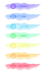 Vector illustration of seven chakra symbols and watercolor blots. - obrazy, fototapety, plakaty