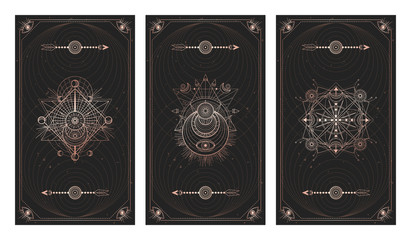 Vector set of three dark backgrounds with sacred symbols, grunge textures and frames. Illustration in black and gold colors.