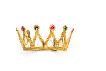 golden crown with rubies and pearls on a white background.