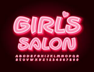 Vector bright logo Girl's Salon. Pink neon Alphabet Letters and Numbers. Glowing Handwritten Font