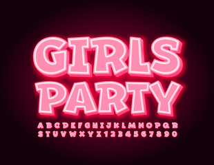 Vector pink poster Girls Party. Comic style Font. Neon glowing Alphabet Letters and Numbers