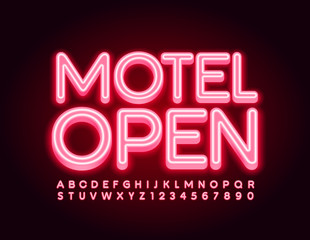 Vector bright signboard Motel Open, Red neon Font. Glowing Alphabet Letters and Numbers