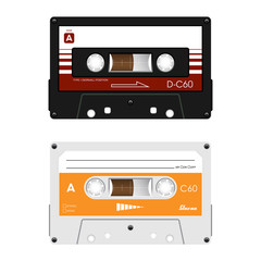 Vintage tape cassette. Retro mixtape, 1980s pop songs tapes and stereo music cassettes. 90s hifi disco dance audiocassette, analogue player record cassette.