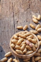 Peanut, snack, in wood bowl on classic wooden table background