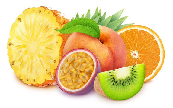 Composition with mix of whole and cutted tropical fruits isolated on a white background with clipping path.
