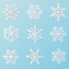 Fototapeta na wymiar Set of 9 white Christmas snowflakes paper art on transparent background for winter holiday design element