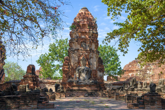 On the ruins of the ancient Buddhist temple Wat Mahathat. Ayutthaya, Thailand