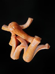 Top view of fried sausage isolated on black background, Ready to eat, Space for text in template, Vertical