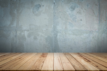 Wood shelf table isolated on a white cement backgrounds, for display products.