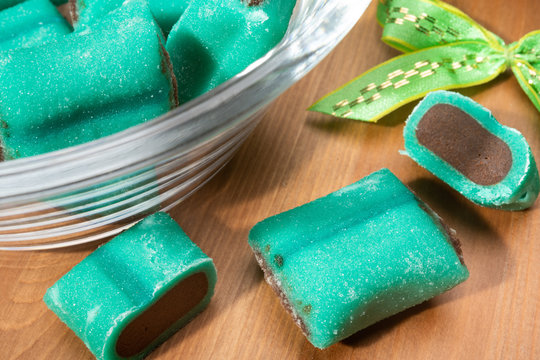 Close-up of Coussin de Lyon a marzipan and chocolate sweet specialty of Lyon France
