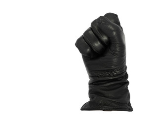 Hand in black leather glove making a fist, isolated on a white background. Good luck sign or...