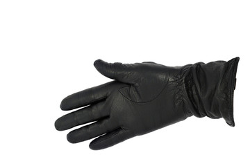 Hand in slightly worn black leather glove offering a handshake, isolated on a white background. Copy space