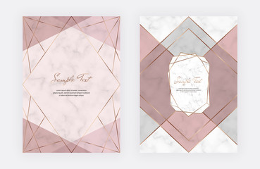 Geometric cover design with pink, grey triangular shapes and golden lines on the marble texture. Template for wedding invitation, blog posts, banner, card, save the date, poster, flyer	