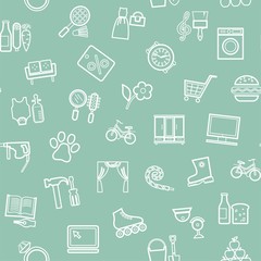 Shops, seamless pattern, monochrome, contour, green, vector. Different product categories. A subtle, linear pattern. White icons on a green field.  