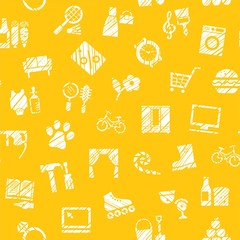 Shops, seamless pattern, monochrome, hatching, yellow, vector. Different product categories. Imitation of pencil hatching. White icons on a yellow field.   