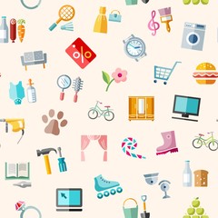 Shops, seamless pattern, pink, color, vector. Different product categories. Colored icons on a pink field.    