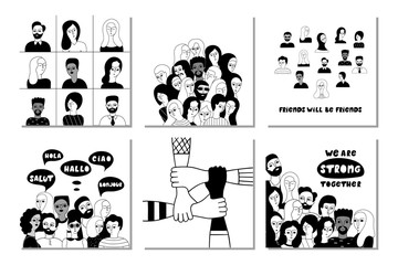 Multinational group of people together vector social media banner templates set