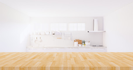 Wood table top and kitchen blur for food product display background. Copy or empty space with wood counter top and blur part of cooker hood, gas stove, sink and natural light from window. 3d render.