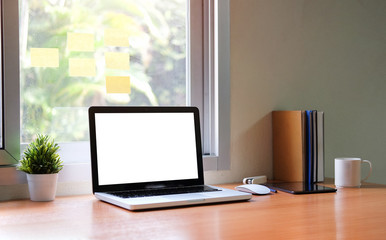 Fototapeta premium Mock up Copy Space Blank Screen Concept Business Working on Laptop. 