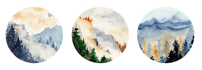 watercolor landscape with pine and fir trees and mountains abstract nature background - obrazy, fototapety, plakaty