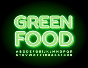 Vector neon banner Green Food. Glowing Uppercase Font/ Electric light Alphabet Letters and Numbers