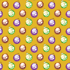Watercolor Christmas balls pattern on gold background. New year design elements.