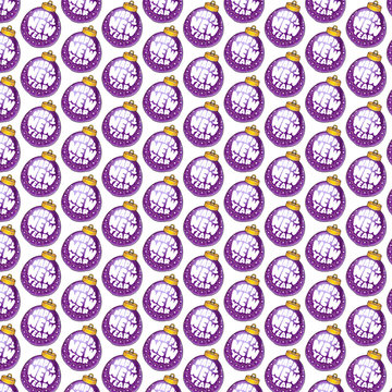 Watercolor Purple Christmas Balls Pattern On White Background. New Year Design Elements.