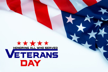 Happy Veterans Day with American flags on white background.