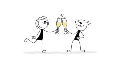 Doodle stick figure: Man and woman clink glasses.