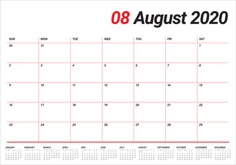 August 2020 desk calendar vector illustration