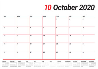 October 2020 desk calendar vector illustration