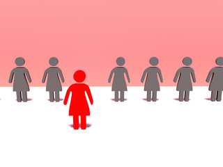 3d people- red woman front the crowd. 3d render illustration