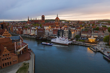 Obraz premium Aerial view on old town in Gdansk by the evening.