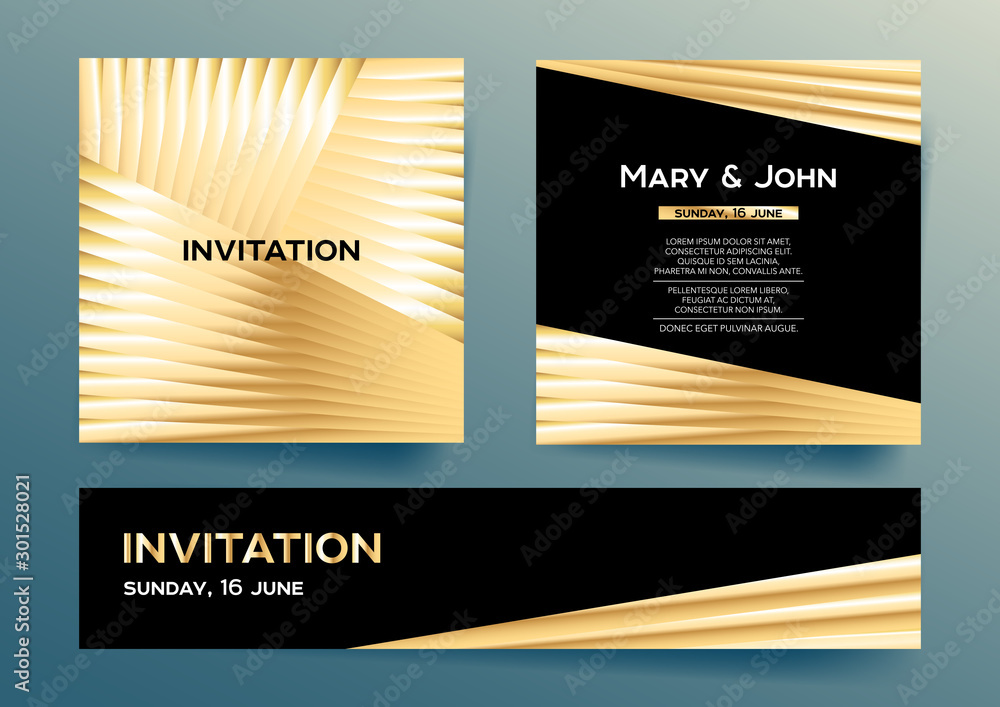 Poster Set of three elegant Invitation card templates with golden graphic elements and text. 