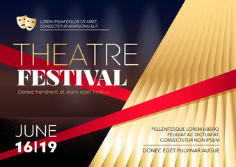  Horizontal theatre festival template with golden drape, graphic elements and text. 