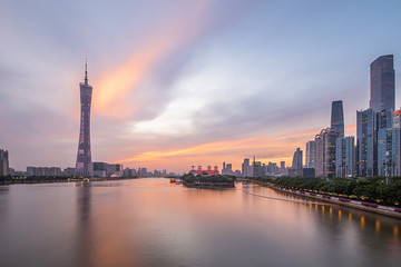 Guangzhou Zhujiang River Bank Cityscape Scenery at Dusk Sunset