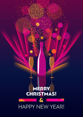 Vertical holiday bright color template with bottle and two glasses of champagne. 