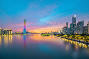 Night scenery of the city on the banks of the Pearl River in Guangzhou, China