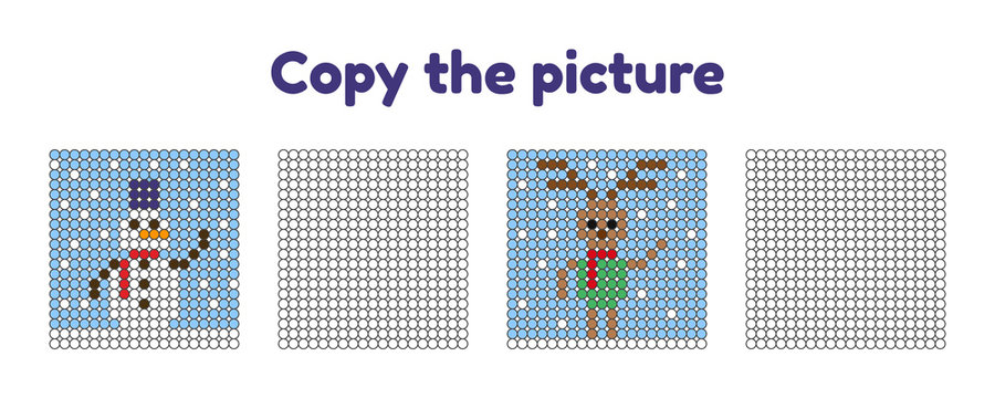 Educational game for attention for children of kindergarten and preschool age. Repeat the picture. Copy the illustration. Color by example. Winter and new year.