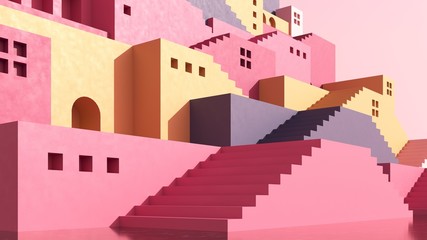 Architectural background of buildings with stairs and arches. Bright castle, ancient housing against the pink sky - 3D, render. Banner, card for travel, presentations, advertising with copy space.
