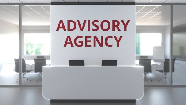 Modern office with meeting room and reception desk af an advisory agency, conceptual 3D animation