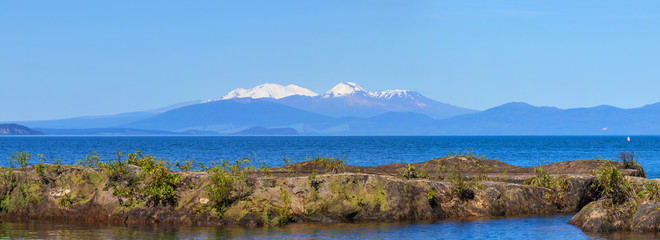 Lake Taupo and snow capped mountains, New Zealand
