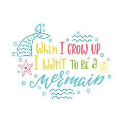 Mermaid cartoon vector illustration. Summer inspirational lettering phrase. Hand drawn greeting card with tail, waves. 