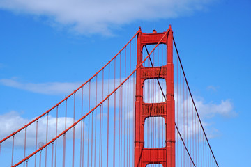 Closeup view of famous Landmark Golden Gate Bridge is Red Bridge in sunny day in San Francisco, California, United states , USA - Vintage style