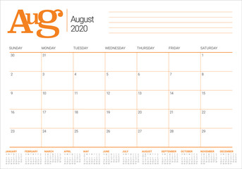 August 2020 desk calendar vector illustration