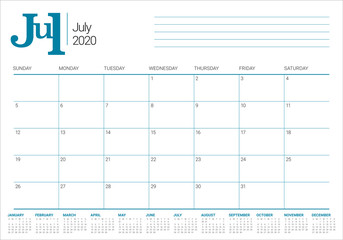 July 2020 desk calendar vector illustration