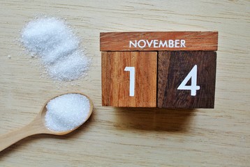 Wooden calendar on November 14,World Diabetes Day.